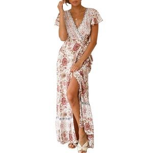 🎉HP🎉Boho Cream/Pink Floral Beach Wrap Maxi Dress
